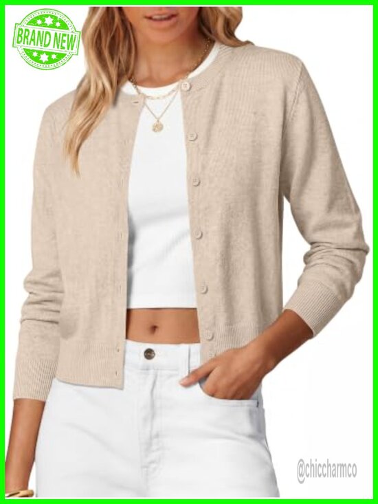 Sweaters - Women's Cardigan Sweater Cropped Knit Button Front Regular Fit Long Sleeve
